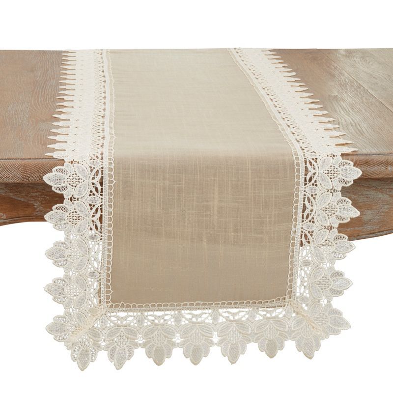 Taupe Lace Trimmed Polyester Table Runner 16" x 72"