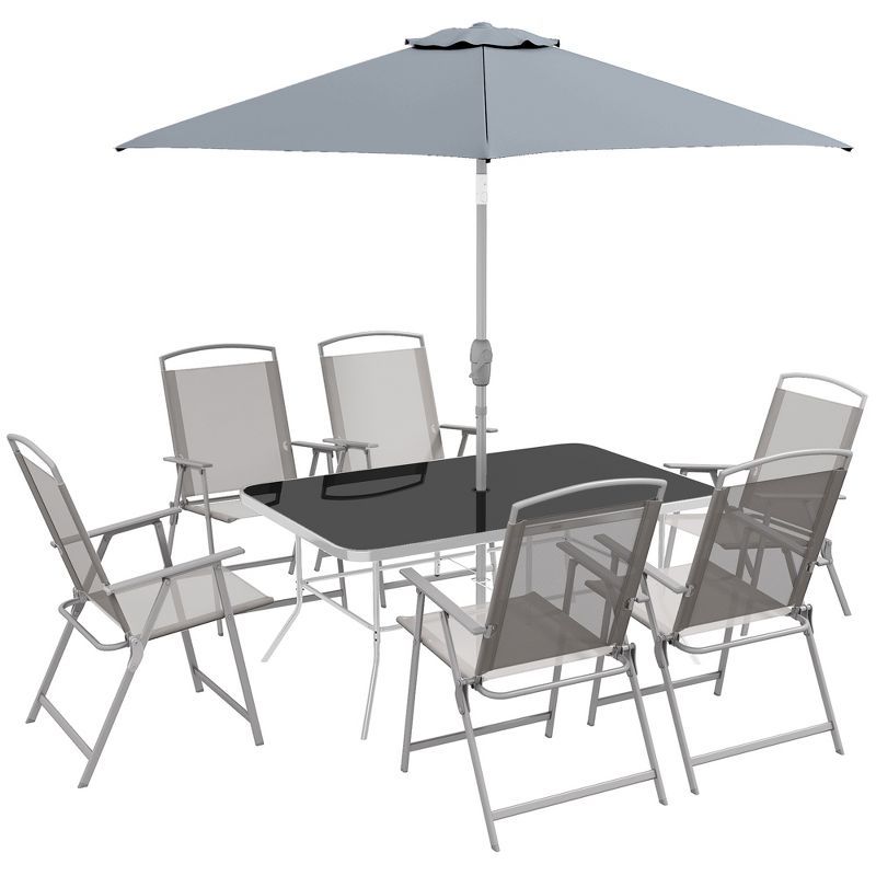 Gray 8-Piece Patio Dining Set with Umbrella and Folding Chairs