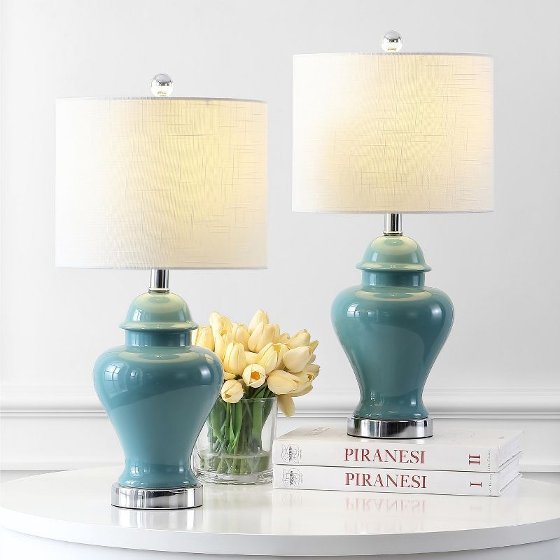 Jade Green Ceramic and Iron 22" Table Lamp Set with Linen Shade