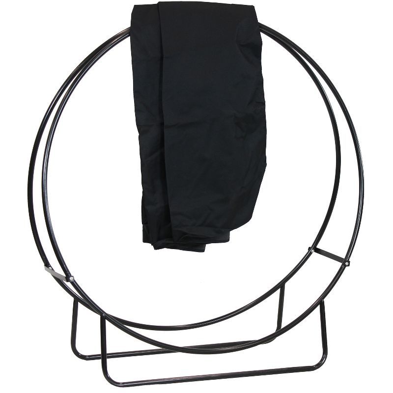48-Inch Black Steel Firewood Log Hoop with Weather-Resistant Cover
