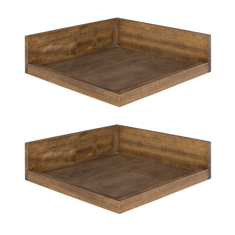 Rustic Brown Wood Floating Corner Wall Shelves, 16" Set of 2