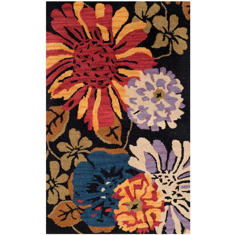 Handmade Black Floral Wool 3' x 5' Area Rug