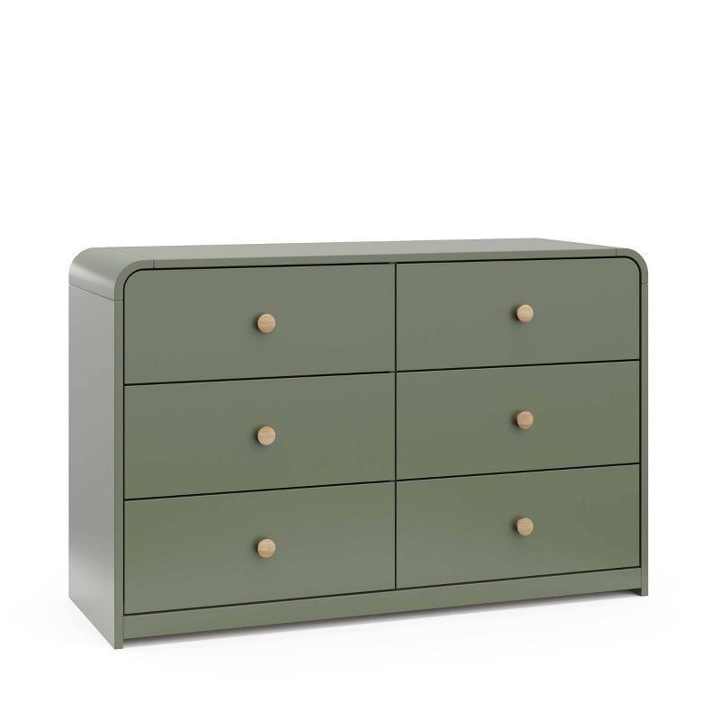 Olive Green 6-Drawer Nursery Dresser with Natural Rubberwood Knobs