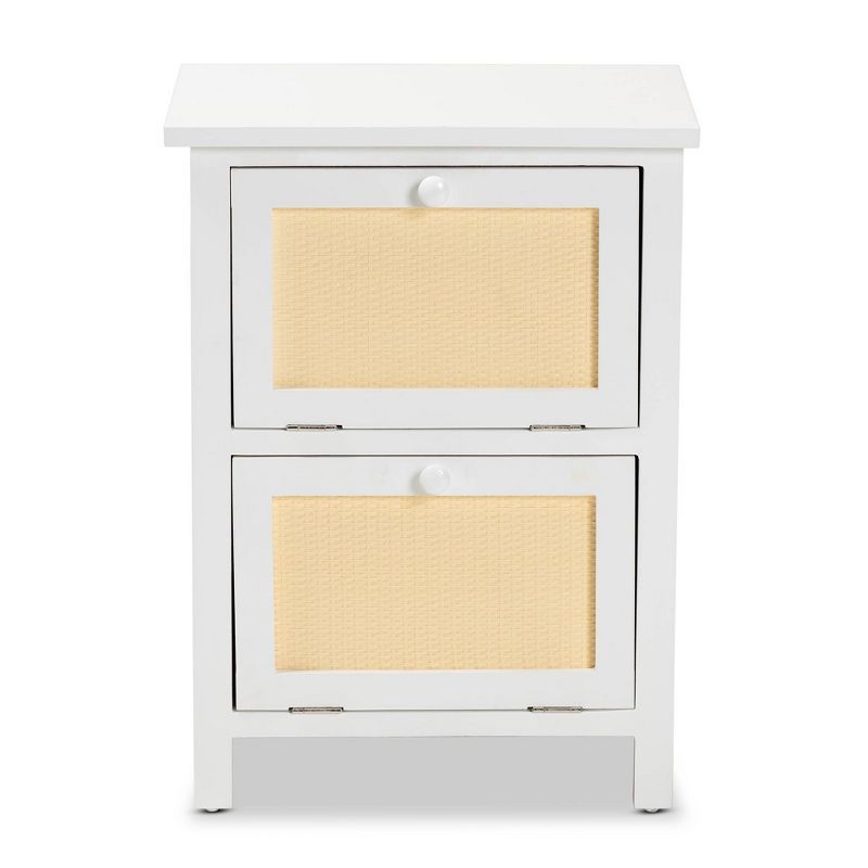 Sariah Mid-Century Rattan Accented 2-Drawer Nightstand - White