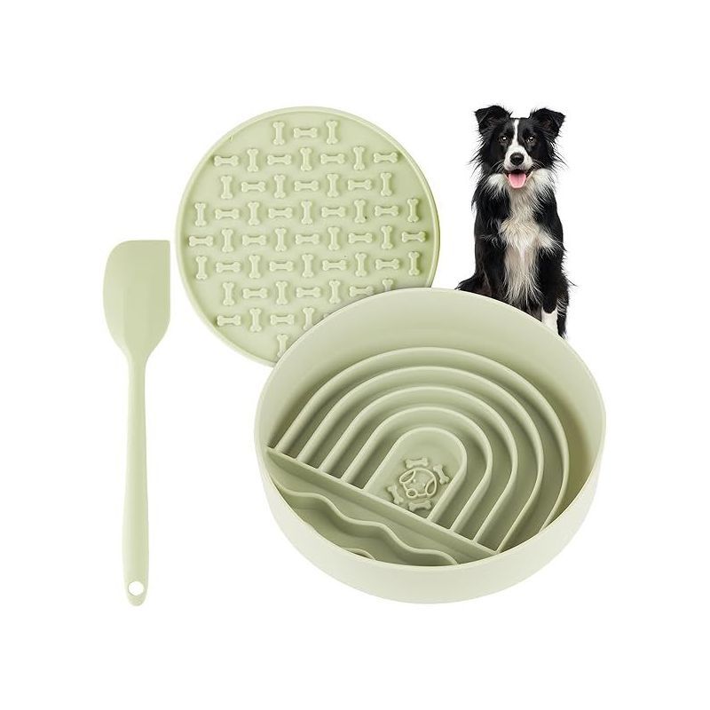 Green Silicone Slow Feeder Dog Bowl Set with Lick Mat