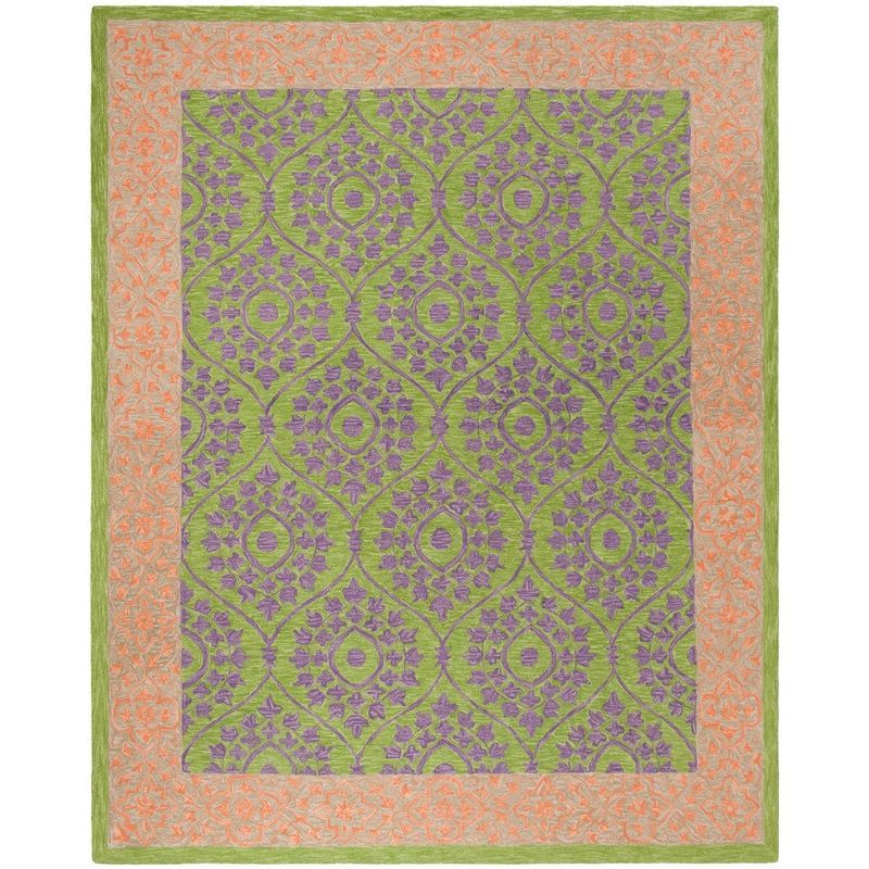 Green and Violet Hand-Knotted Wool Area Rug 8' x 10'