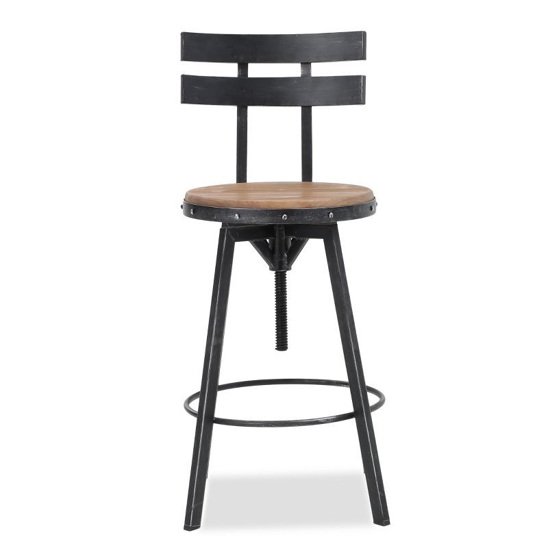 Adjustable Black Metal and Firwood Swivel Barstool