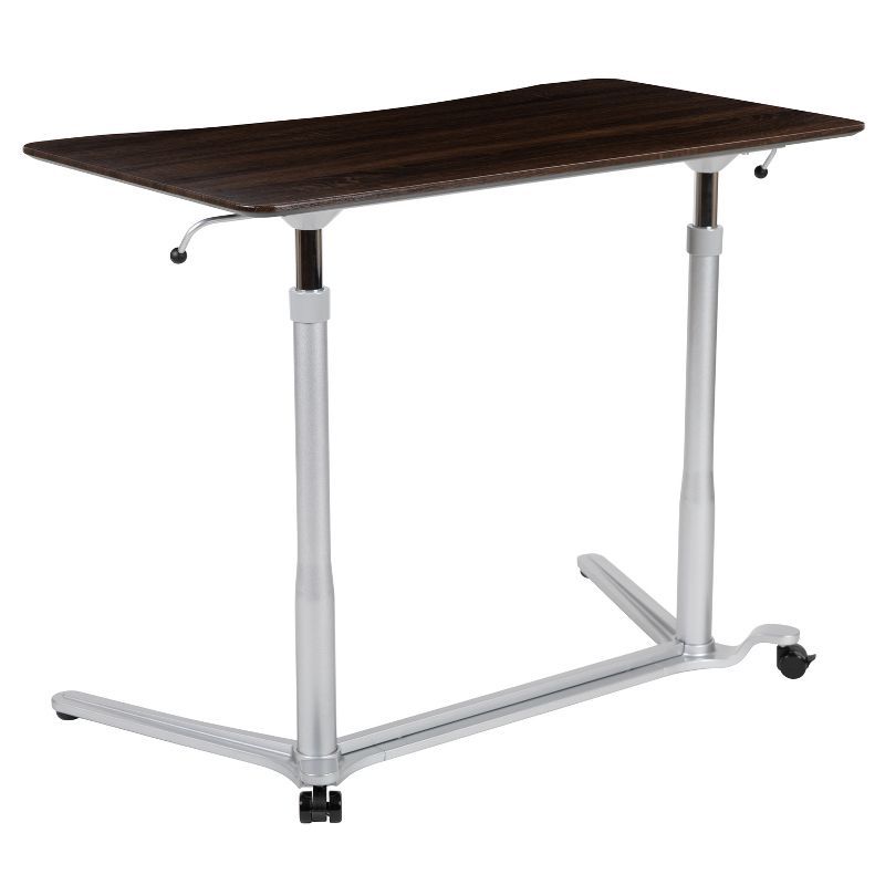 Adjustable Dark Wood Grain Sit/Stand Mobile Desk with Keyboard Tray