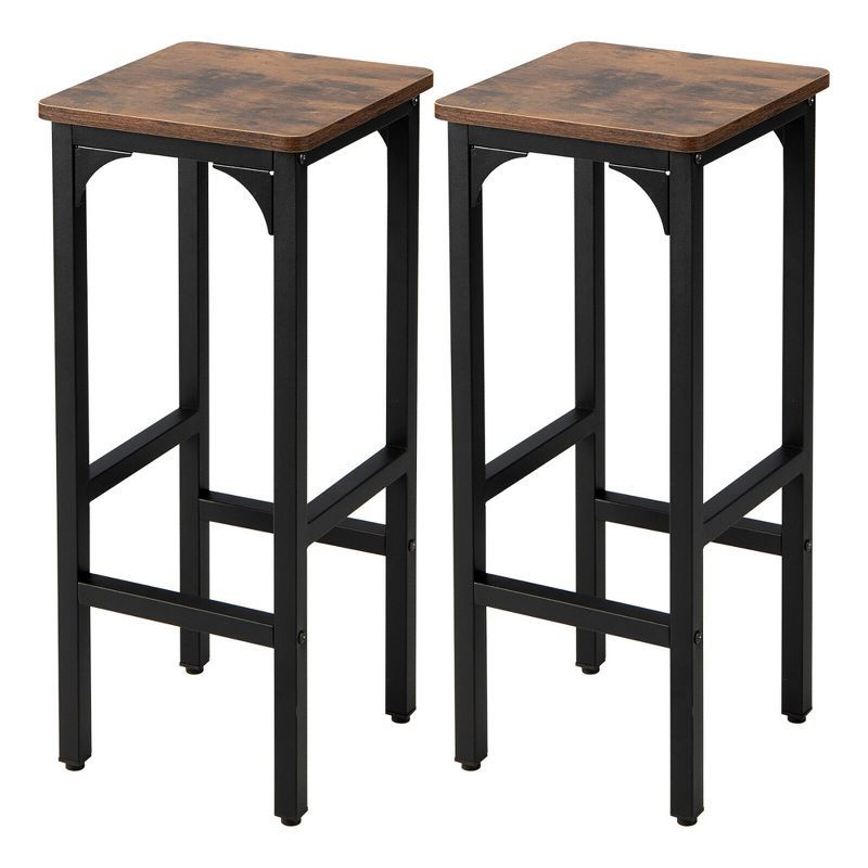 Set of 2 Black and Rustic Brown Adjustable Wood and Metal Bar Stools