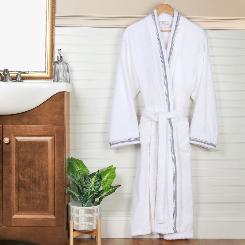 Unisex Small Charcoal-White Cotton Terry Cloth Bathrobe