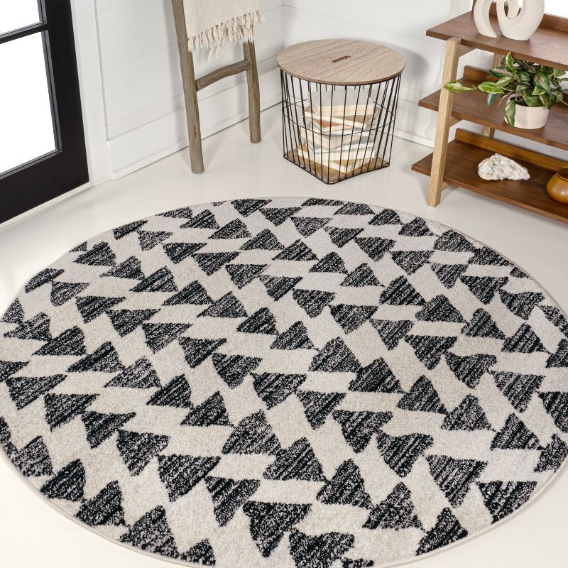 Aisha 5'3" Round Cream and Black Geometric Synthetic Rug