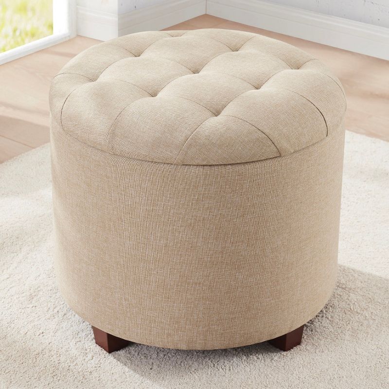 Beige Round Tufted Linen Storage Ottoman with Removable Lid