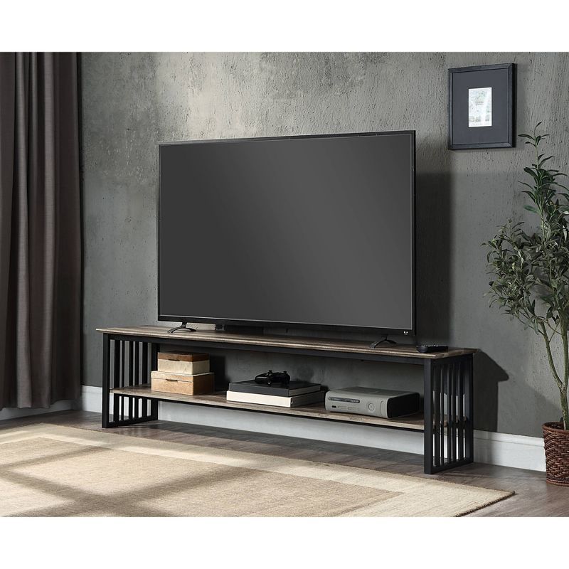 70" Black and Oak Metal TV Stand with Shelf