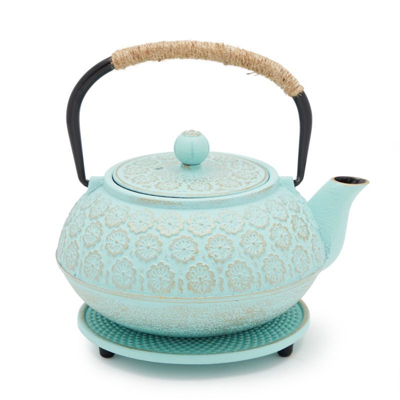 Light Blue Floral Cast Iron Japanese Teapot with Infuser and Trivet