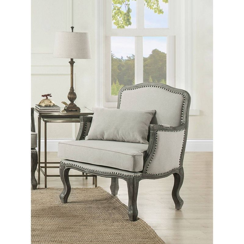 Elegant Cabriole Carved Wood Accent Chair in Cream Linen