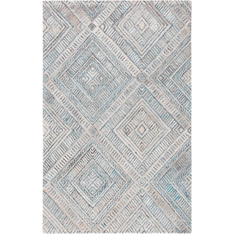 Turquoise and Beige Hand-Tufted Wool Geometric 4' x 6' Area Rug