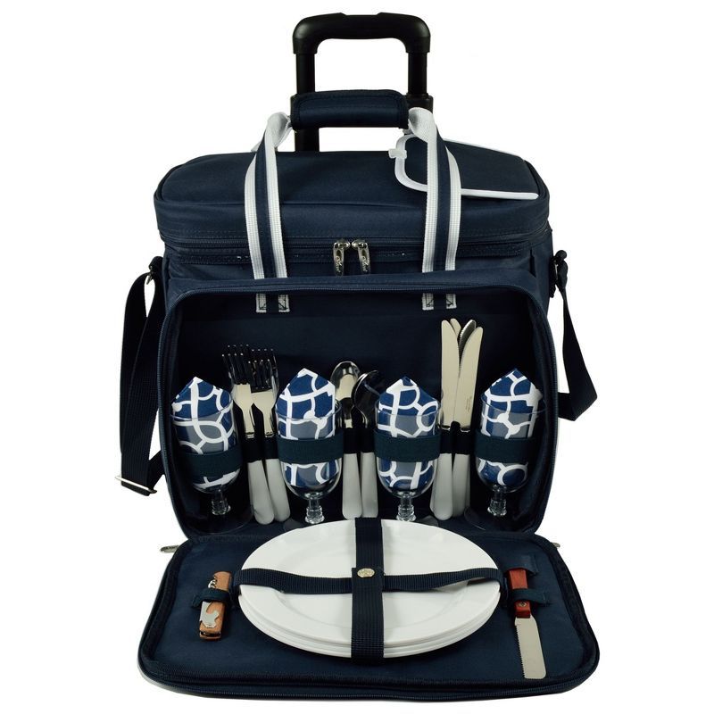 Blue Insulated Rolling Picnic Cooler with Service for Four