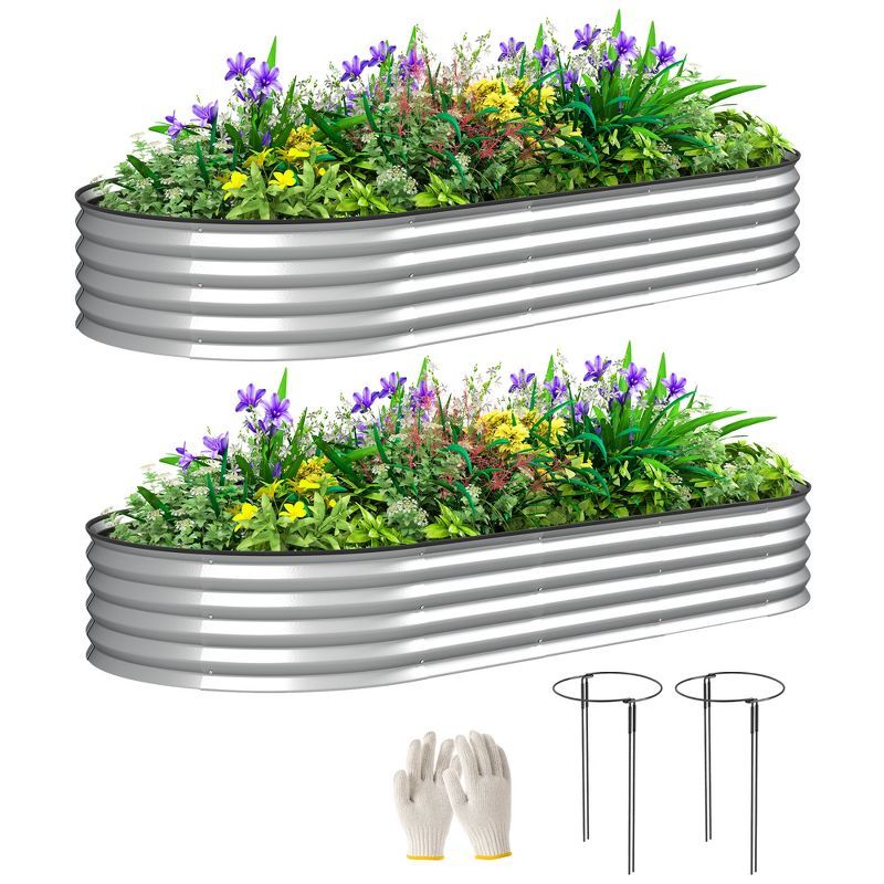 Silver Galvanized Steel Raised Garden Bed Set with Metal Plant Stakes