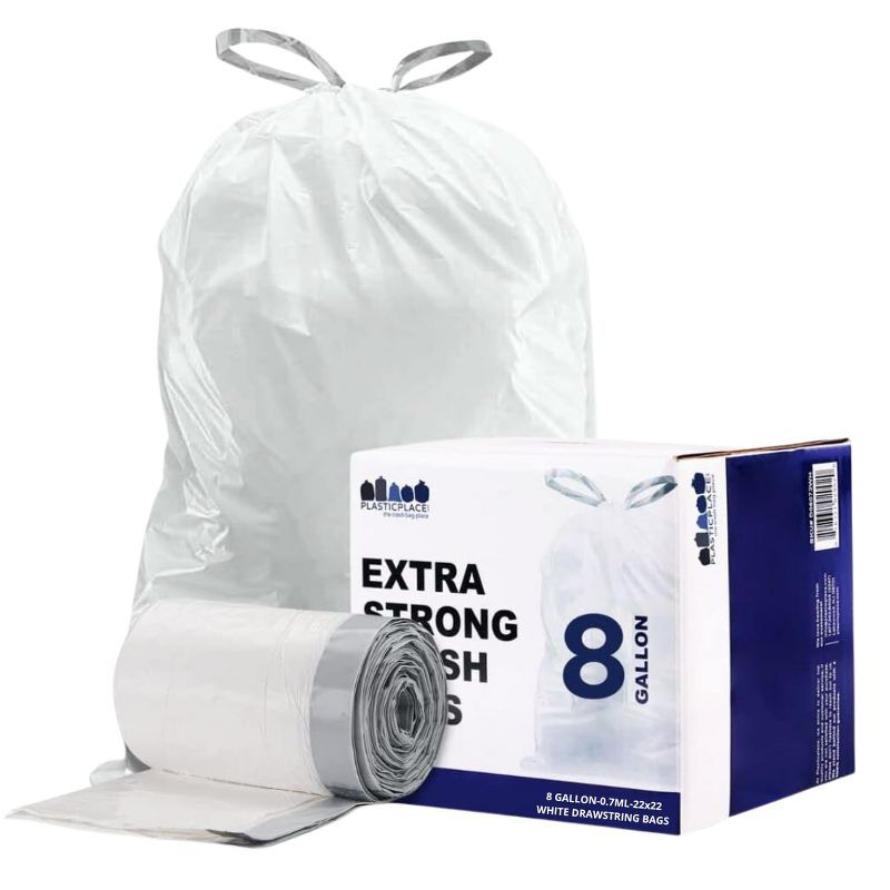 Plasticplace 8 Gallon White Drawstring Trash Bags, 100 Count