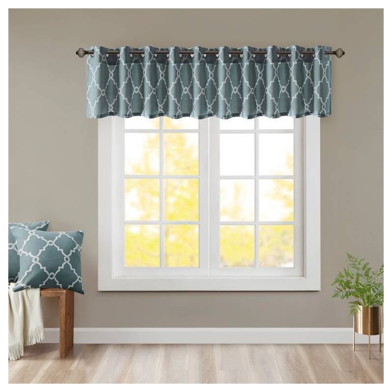 Blue and White Fretwork Grommet Top Window Valance