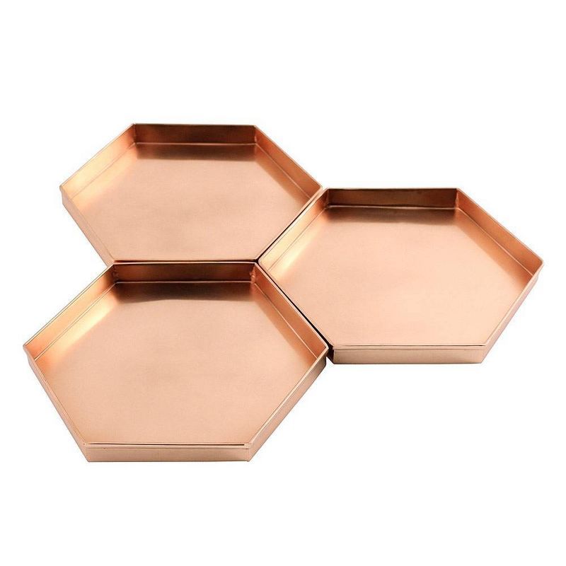 Hexagonal Copper-Plated Stainless Steel Decorative Trays, Set of 3