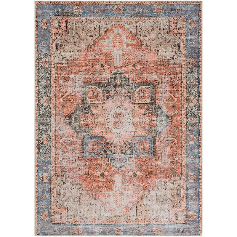 Traditional Red and Blue Chenille Rectangular Area Rug