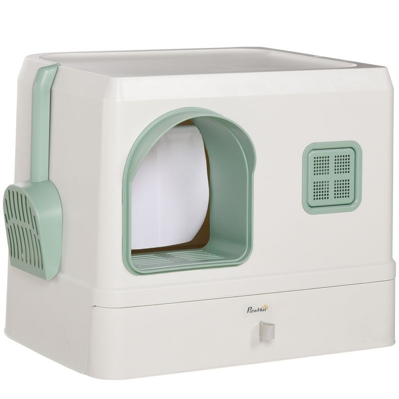 PawHut White and Green Covered Cat Litter Box with Scoop