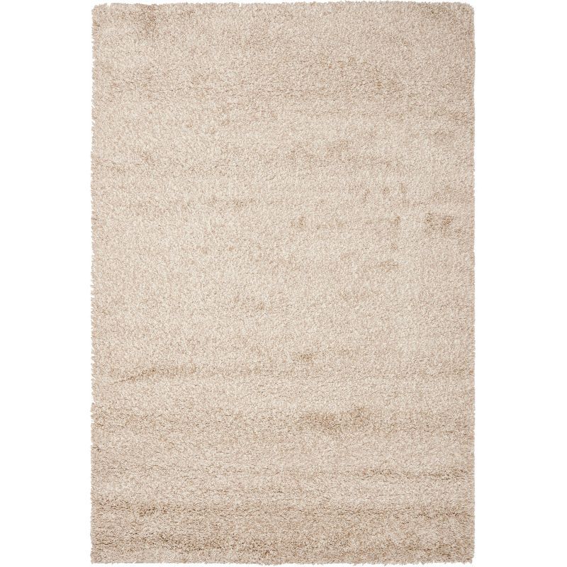 Beige Round Hand-Knotted Shag Synthetic Area Rug