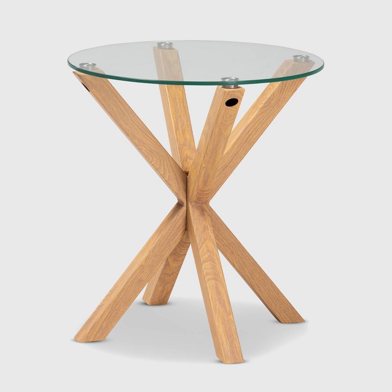 Round Glass and Wood End Table with Sculptural Base