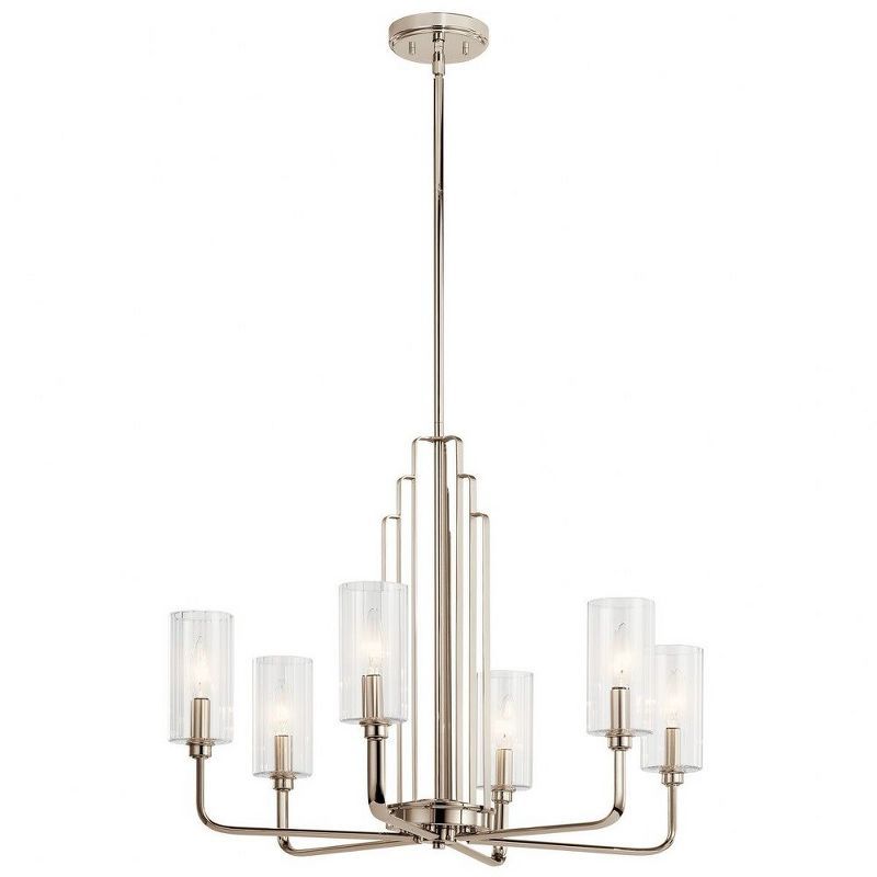 Elegant Art Deco 6-Light Chandelier in Polished Nickel with Clear Fluted Glass