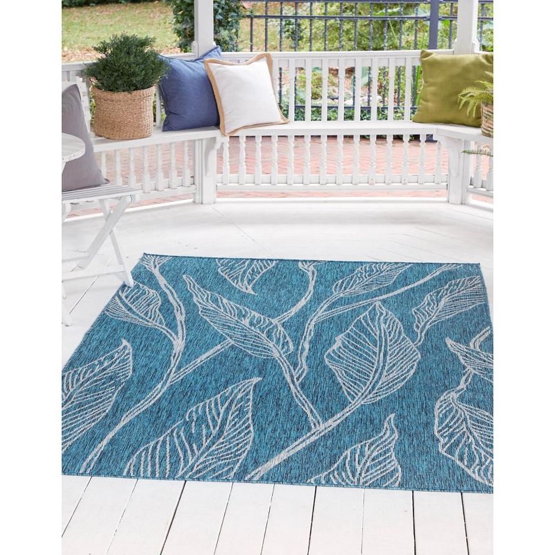 Teal and Ivory Botanical Outdoor Rectangular Rug 4' x 6'