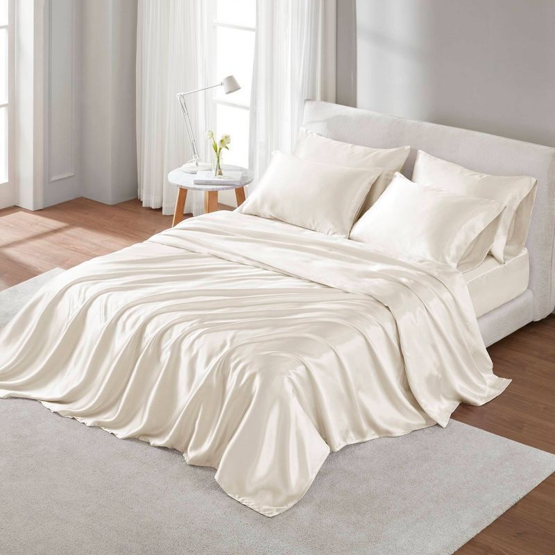 Ivory Queen Satin Polyester 6-Piece Luxury Sheet Set