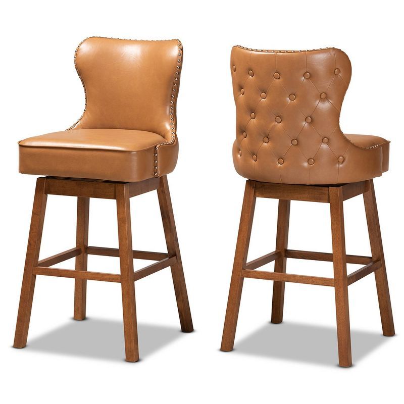 Walnut Wood and Tan Leather Swivel Barstool with Copper Accents