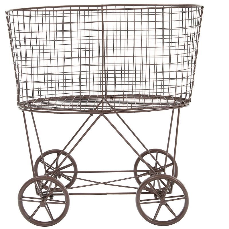 Vintage Brown Metal Laundry Basket with Wheels