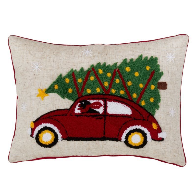 Vintage Red Car Christmas Tree Embroidered Rectangular Pillow