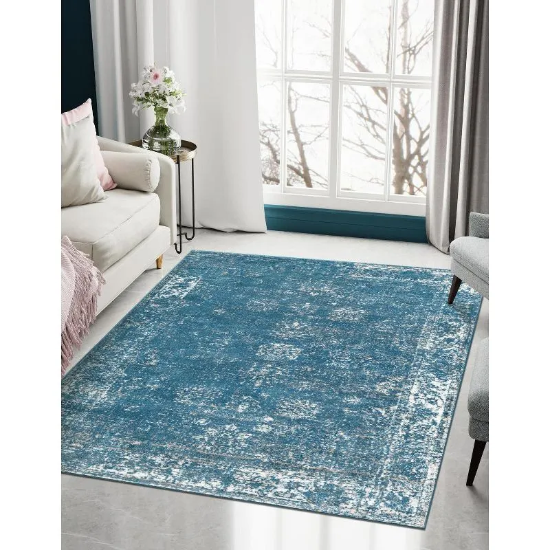 Blue Rectangular Easy Care Stain-Resistant Indoor Area Rug