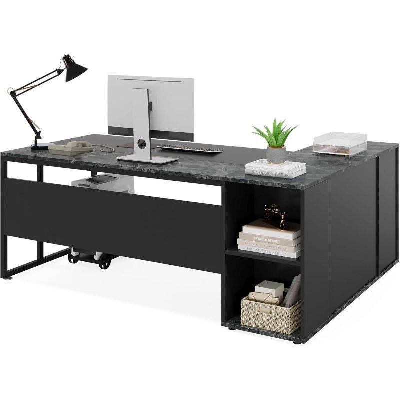 Black L-Shaped Executive Desk with Storage Cabinet and Shelves