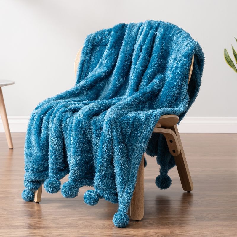 Teal Blue Sherpa Fleece Throw Blanket with Pom Poms