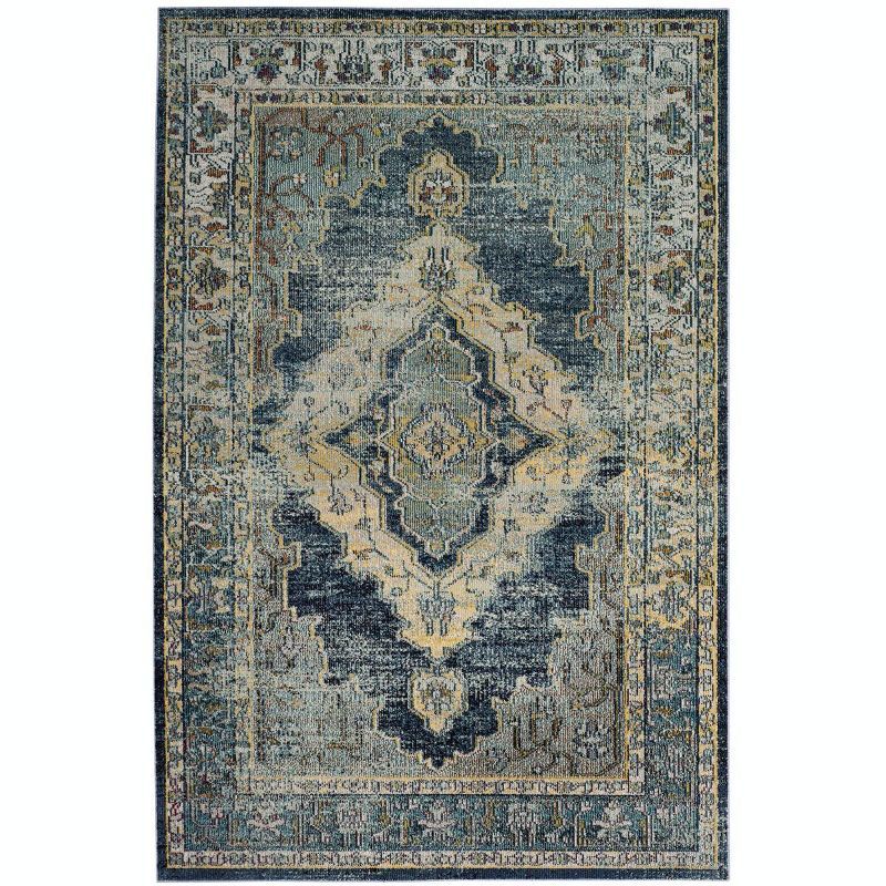 Blue and Yellow 4' x 6' Synthetic Oriental Area Rug