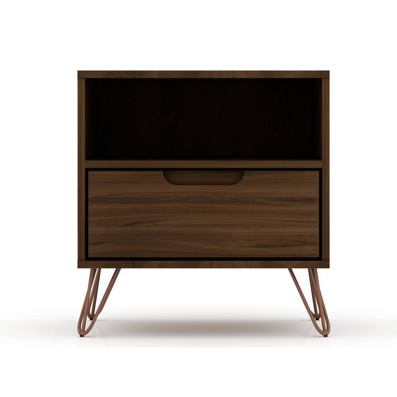 Mid-Century Modern Brown Nightstand with Metal Splayed Legs