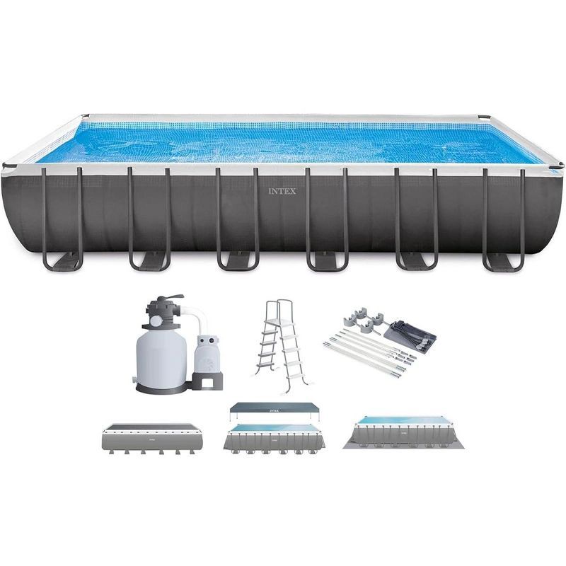 Intex 24FT x 12FT Gray Rectangular Above Ground Pool Set with Filter Pump