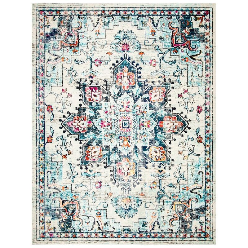 Distressed Cream and Blue Synthetic 8' x 10' Area Rug