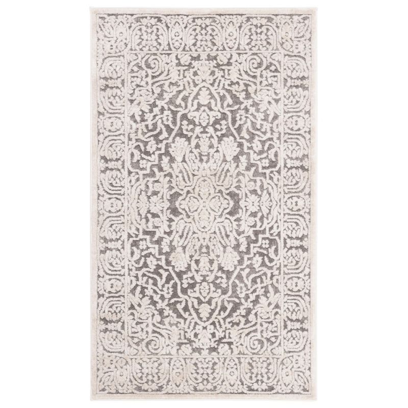 Elegant Gray and Cream Floral Synthetic Hand-Knotted Rug