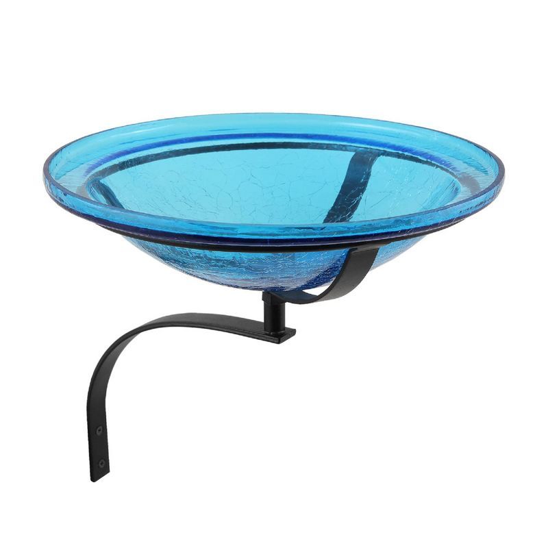 Teal Crackle Glass Birdbath Bowl with Wall Mount Bracket