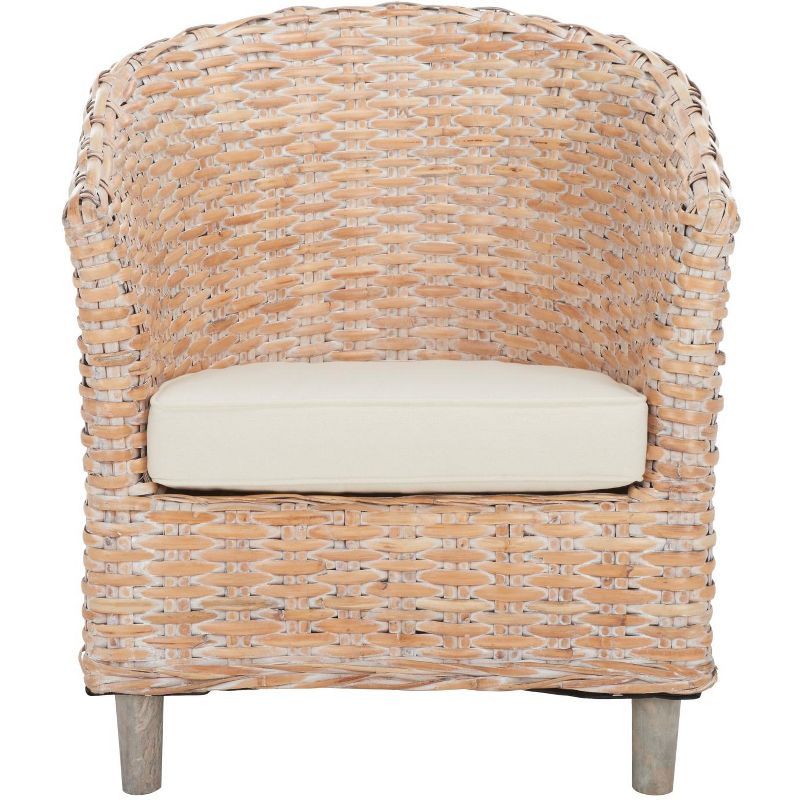 Natural White Wash Rattan Barrel Accent Chair with Cushion