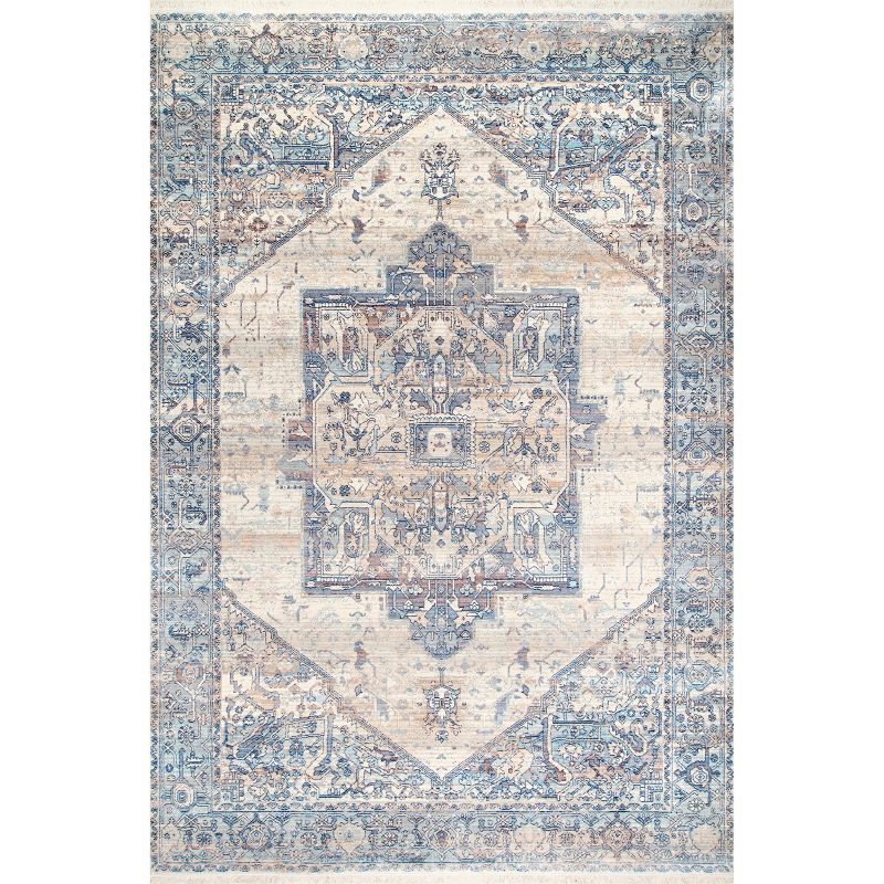 Reversible Medallion Fringe Light Blue Synthetic Area Rug 7'x9'