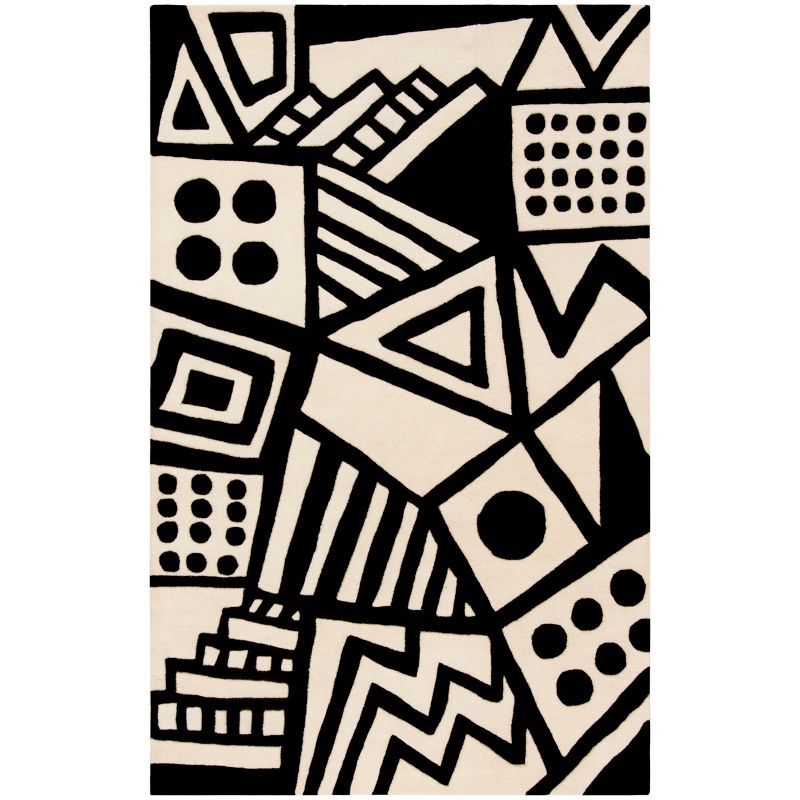 Handmade Black and Ivory Geometric Wool Area Rug 4' x 6'