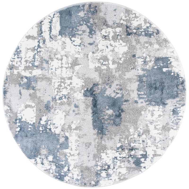 Round Gray and Blue Abstract Hand-knotted Area Rug