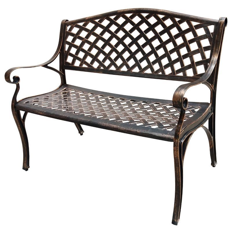 Modern Cast Aluminum Patio Bench Loveseat in Bronze Finish