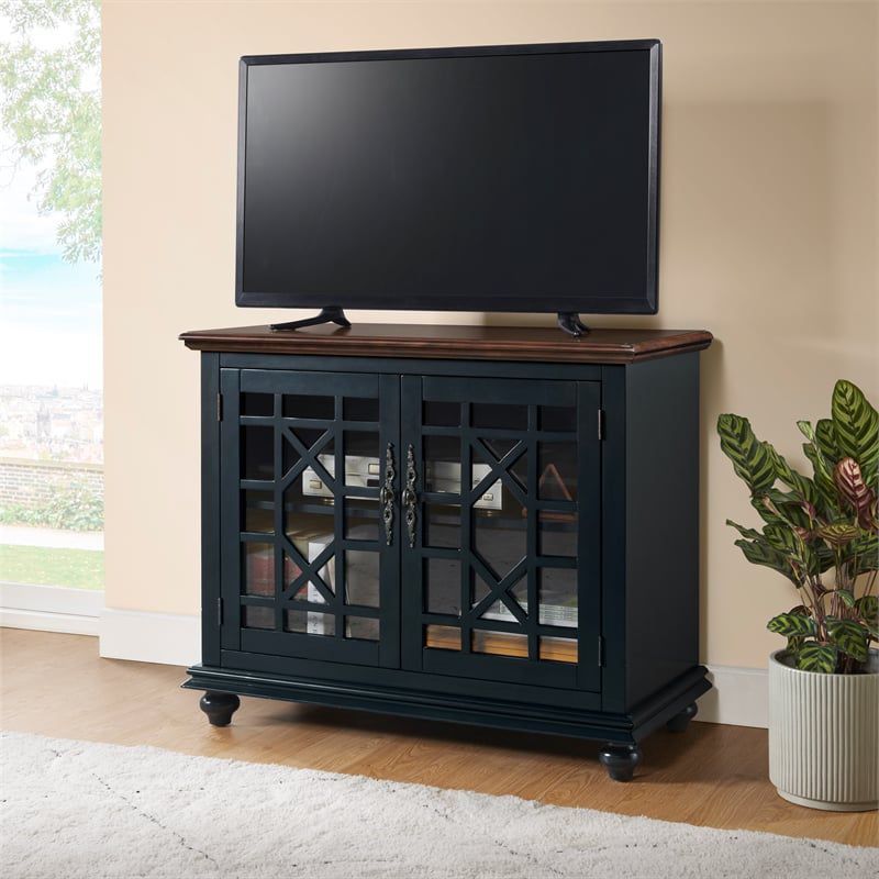 Catalina Blue TV Stand with Coffee Walnut Top and Cabinet